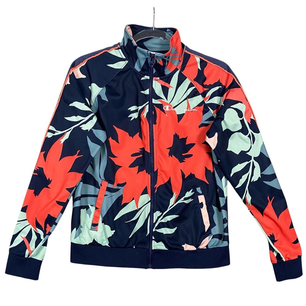 Women’s Full Zip Champion Logo Activewear Floral Print Track Jacket Coat Small